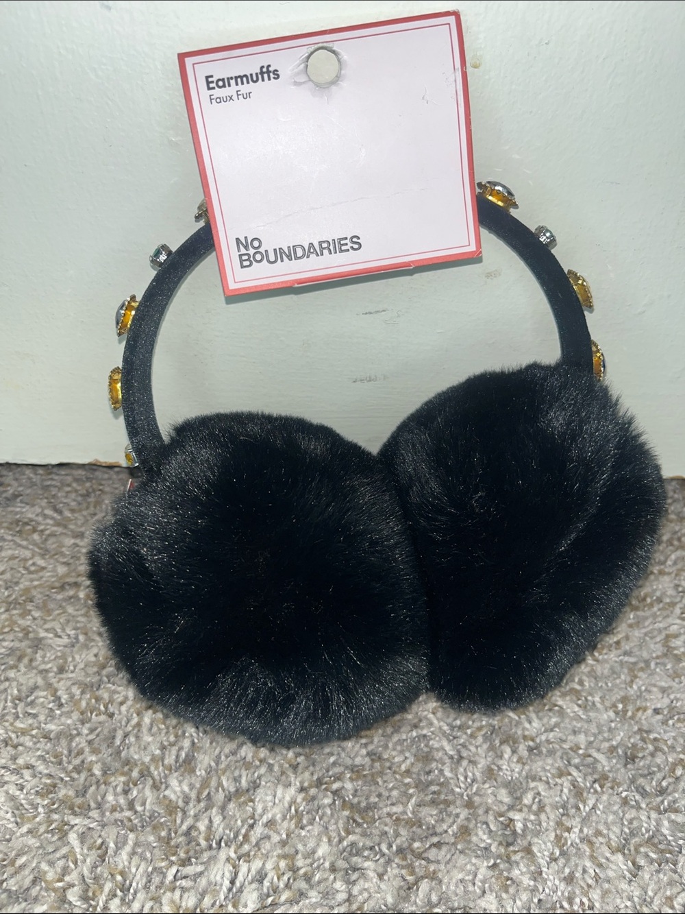 No Boundaries Black Faux Fur Earmuffs with Amber Gem Accents